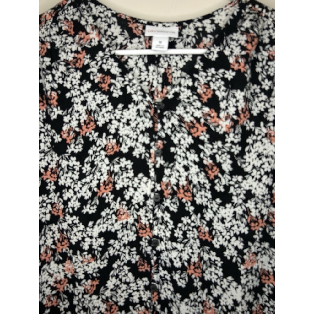 Liz Claiborne Black Floral Cap Sleeve Blouse Top Pullover Casual Women's M - Picture 2 of 4